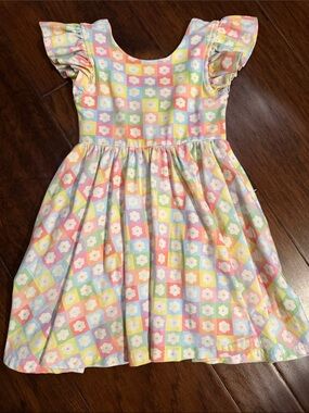 Girls' Pastel Check Flower Ruffle-Sleeve Dress - Multicolor